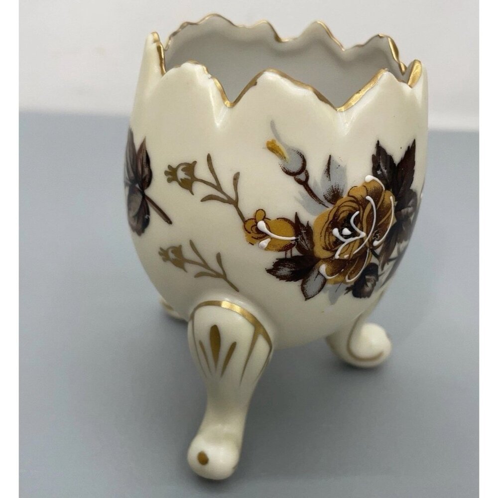 Vintage Napco Cracked Egg Footed Planter Cup Vase Brown Flowers Gold Trim Floral